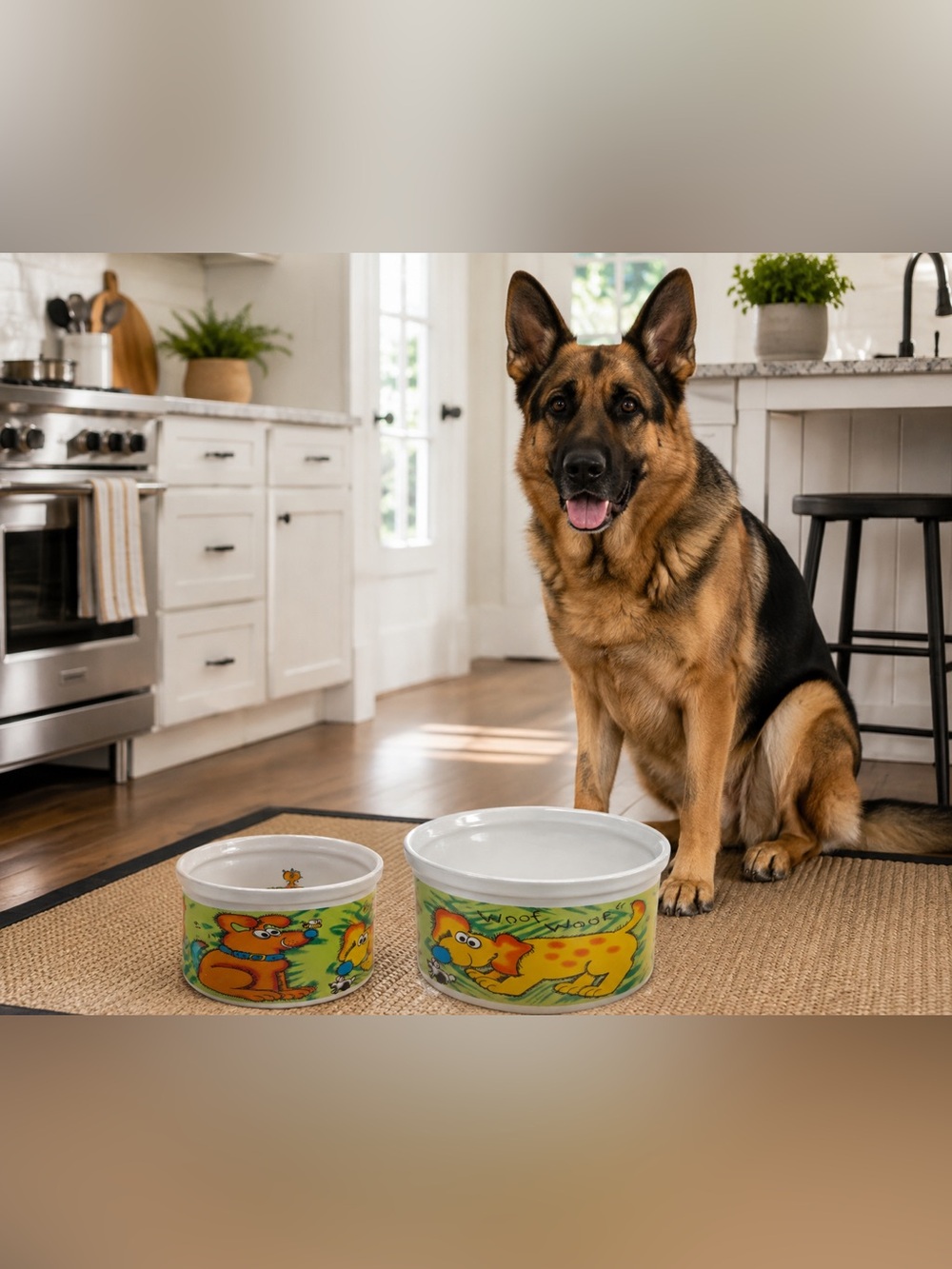 Whimsical “Woof Woof” Ceramic Dog Bowl Set – 2 Piece